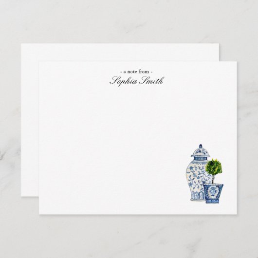 Topiary, Blue & White Potery flat Bedankkaart (Voorkant / Achterkant)