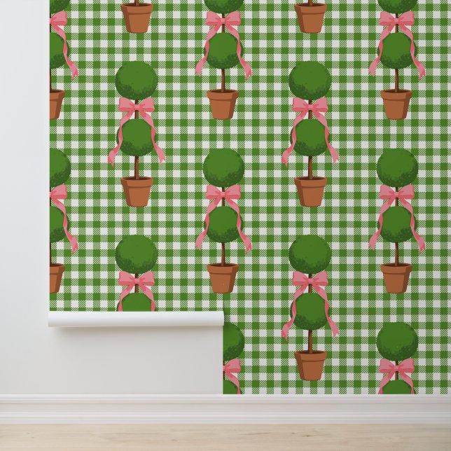 Topiary met strikken groene geruite verwijderbare  behang (Applicatie)