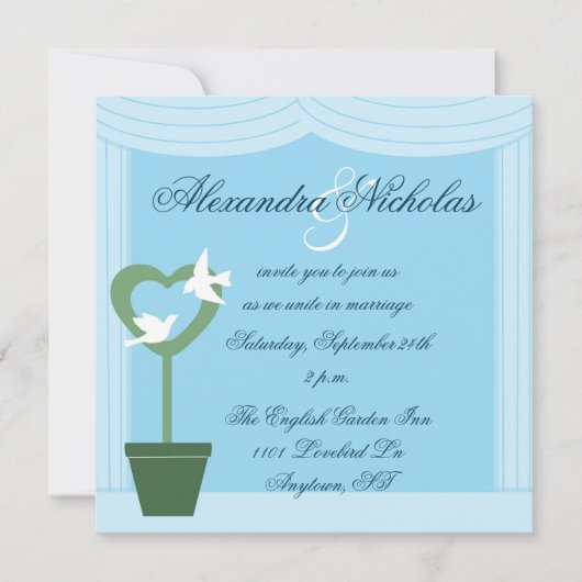 Topiary met White Doves Blue Wedding Invitation Kaart (Voorkant)