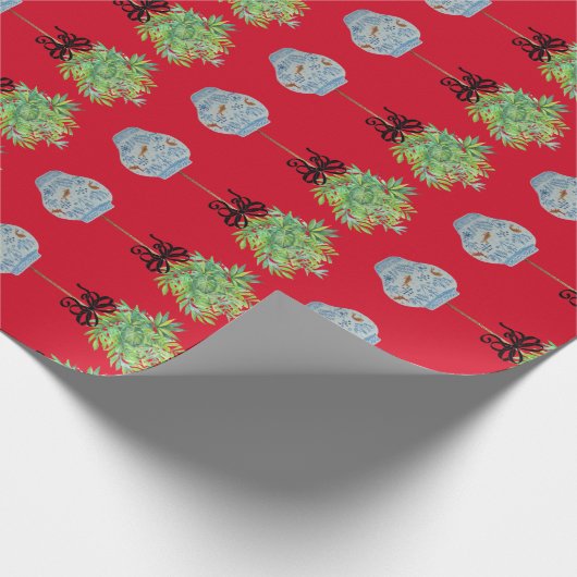 Topiary Topiaries Blue en White Ginger Jar Cadeaupapier (Hoek)