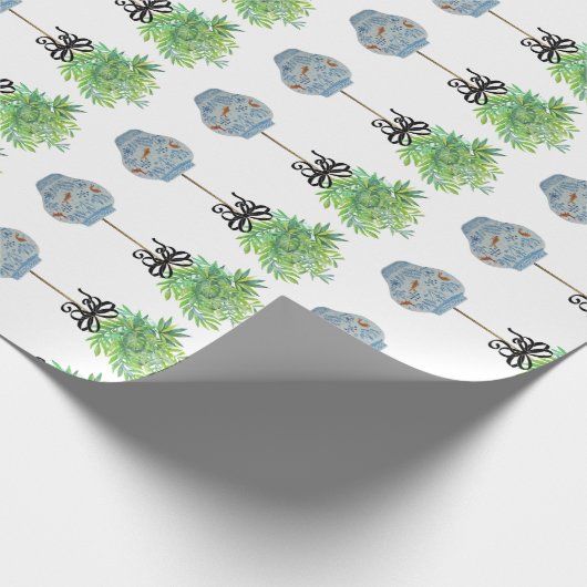 Topiary Topiaries Blue en White Ginger Jar Cadeaupapier (Hoek)