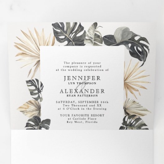 Topical Chic Beach Wedding Tri-Fold Drieluik Uitnodiging (Binnenzijde eerst)