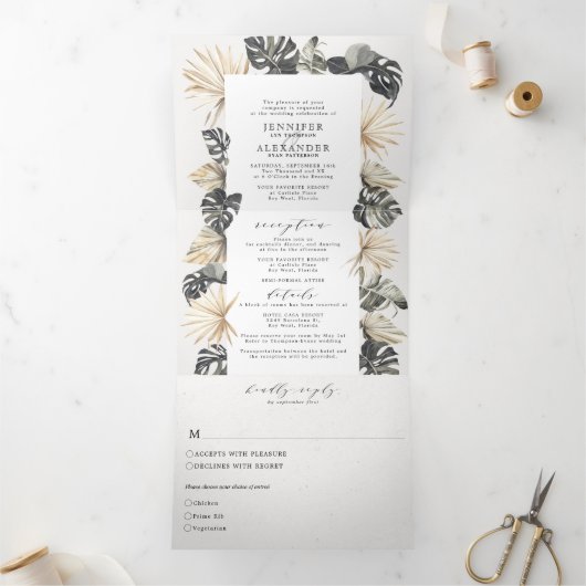 Topical Chic Beach Wedding Tri-Fold Drieluik Uitnodiging (Binnen)