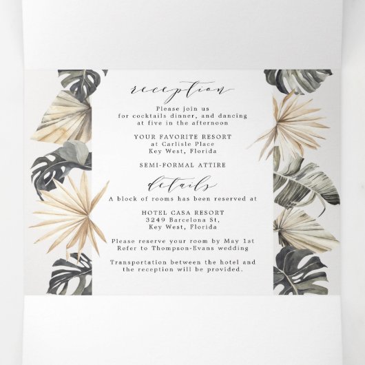 Topical Chic Beach Wedding Tri-Fold Drieluik Uitnodiging (Binnenkant midden)
