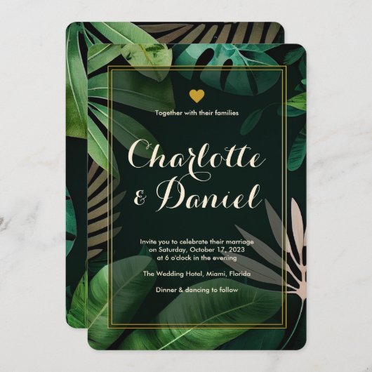 Topical Leaves Pattern | Uitnodiging tot weddensch (Voorkant / Achterkant)