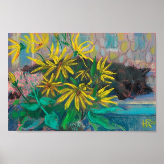 Topinambour Dreams Black Cat Yellow Flowers Pastel Poster (Voorkant)