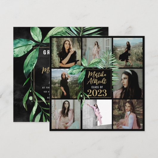 Topisch Leaf | Groen en zwart | Foto-Afstuderen Kaart (Voorkant / Achterkant)