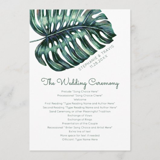 Topisch Monstera Leaf Beach Island huwelijksprogra Programmakaart (Voorkant)