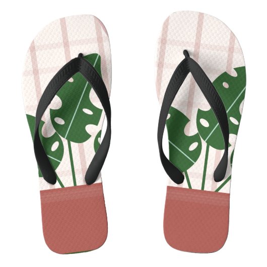 Topische Monstera Terracotta Roze Geruit Teenslippers (Voetbed)