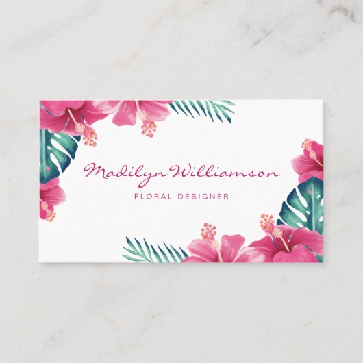 Topische roze Hibiscus Bloemen & Bladerdak Waterve Visitekaartje (Voorkant)