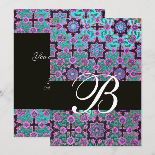 TOPKAPI BLUE BLACK DAMASK MONOGRAM roze groen Kaart (Voorkant / Achterkant)
