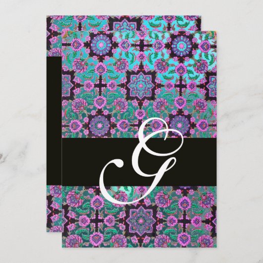 TOPKAPI BLUE BLACK DAMASK MONOGRAM roze groen Kaart (Voorkant / Achterkant)