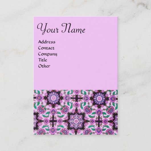 TOPKAPI, DAMASKFLORAAL PINK PAARSE ZWARTE STROMEN VISITEKAARTJE (Voorkant)