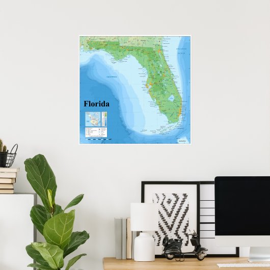 Topografische kaart van de Amerikaanse staat Flori Poster (Thuiskantoor)