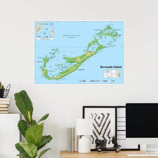 Topografische kaart van de Bermudaeilanden - Groot Poster (Thuiskantoor)