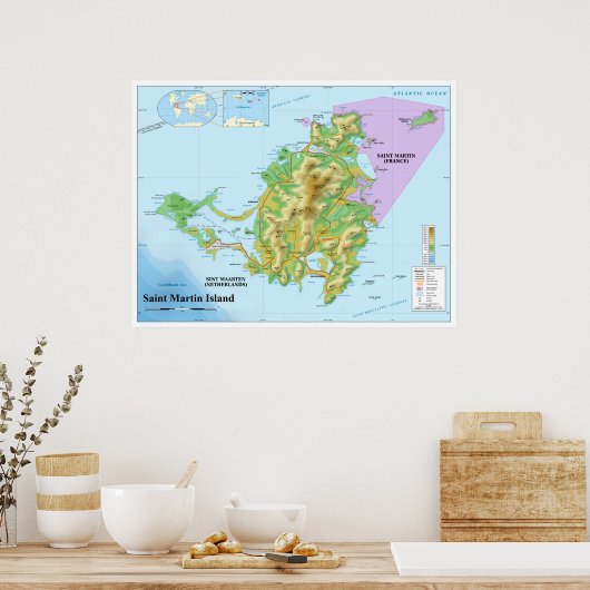 Topografische kaart van het eiland Saint-Martin Ca Poster (Keuken)