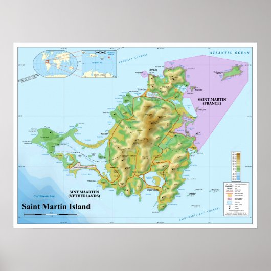 Topografische kaart van het eiland Saint-Martin Ca Poster (Voorkant)