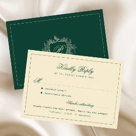 Toppmonogram maaltijdkeuze smaragdgroene bruiloft RSVP kaartje