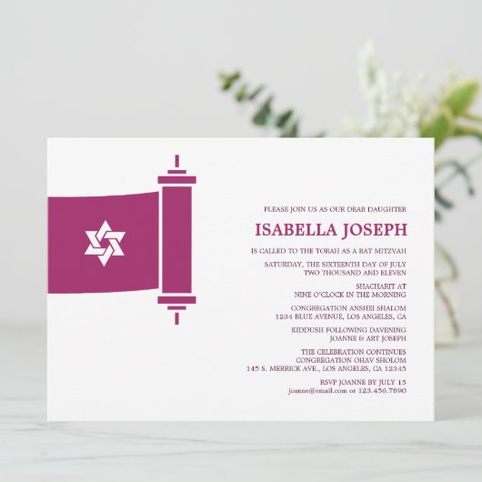 Torah Bat Mitzvah Uitnodiging (Staand voorkant)