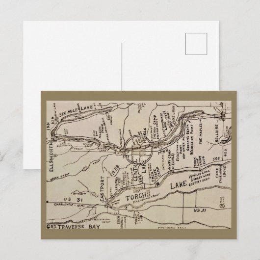 Torch Lake Michigan Vintage Kaart (Voorkant / Achterkant)