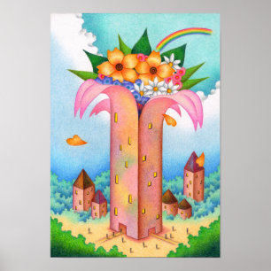 Toren van bloemen die in de lucht bloeien. poster