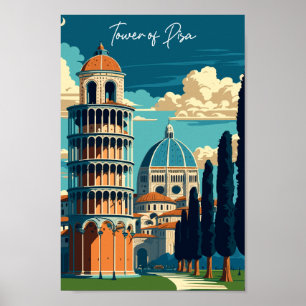 Toren van Pisa Italië vintage reisillustratie Poster