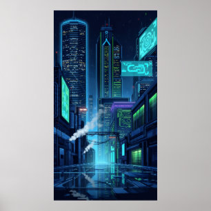 Torenhoge neonlichten van de toekomstige Pixel Cit Poster