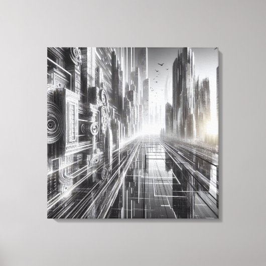 Torens of Tomorrow: Een zwart-witte metropool Canvas Afdruk (Voorkant)