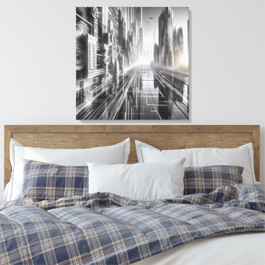 Torens of Tomorrow: Een zwart-witte metropool Canvas Afdruk (Insitu (Slaapkamer))