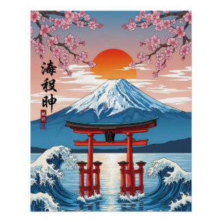 Torii-poort bij zonsopgang op Mount Fuji Perfect Poster