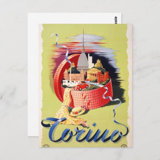 Torino Turijn Italië Poster met reiswieg teruggeze Briefkaart (Voorkant / Achterkant)