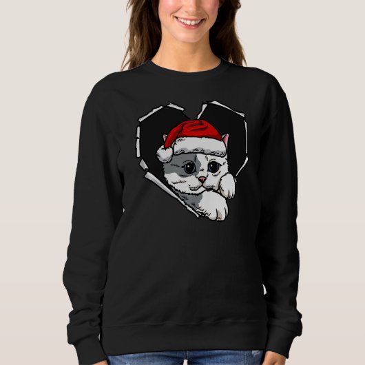 Torn Cloth Cat Face With Christmas Hat Hole Heart Trui (Voorkant)