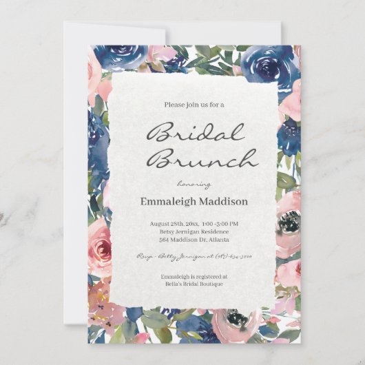 Torn Paper Blush Blue Floral Bridal Brunch Kaart (Voorkant)