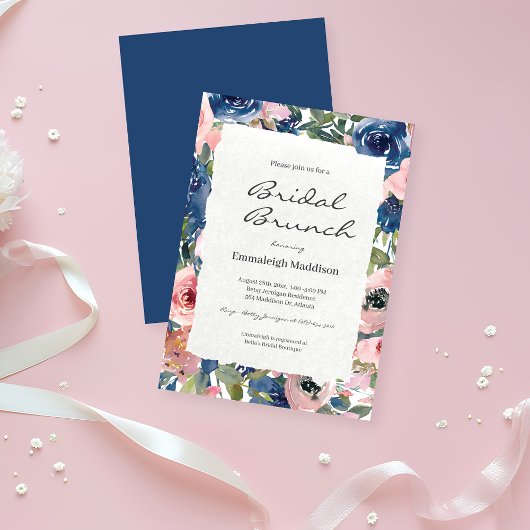 Torn Paper Blush Blue Floral Bridal Brunch Kaart