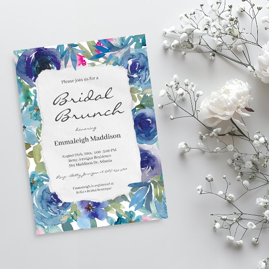 Torn Paper Mermaid Blue Floral Bridal Brunch Kaart