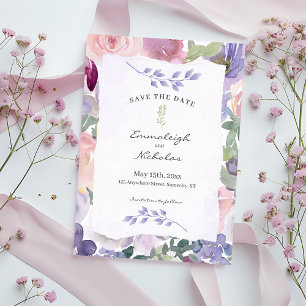 Torn Paper Pastel Lila Floral Waterverven bruiloft Save The Date