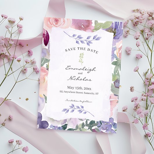 Torn Paper Pastel Lila Floral Waterverven bruiloft Save The Date