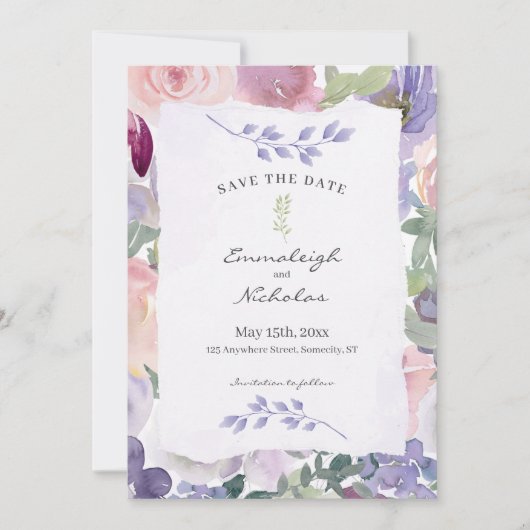 Torn Paper Pastel Lila Floral Waterverven bruiloft Save The Date (Voorkant)
