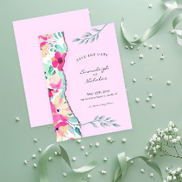 Torn Paper Tropical Floral Pink Wedding Save The Date
