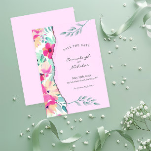 Torn Paper Tropical Floral Pink Wedding Save The Date