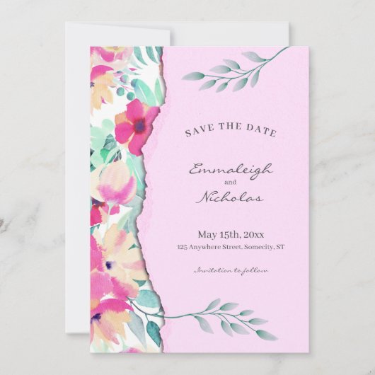 Torn Paper Tropical Floral Pink Wedding Save The Date (Voorkant)