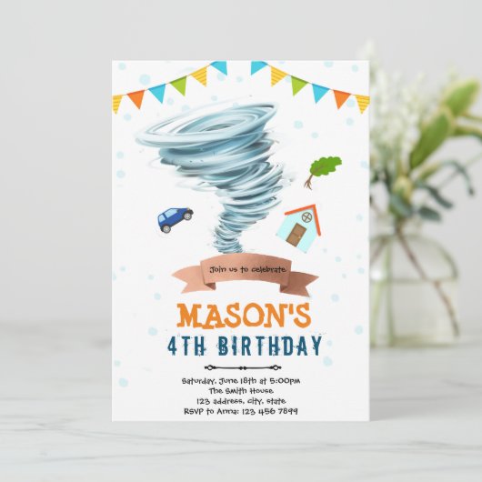 Tornado jongen feest uitnodiging (Staand voorkant)
