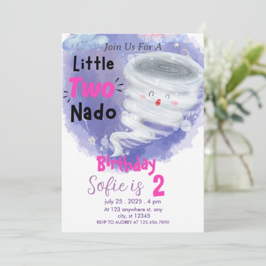 Tornado Roze Meisjes 2 Verjaardag Two-Nado Uitnodi Kaart (Staand voorkant)