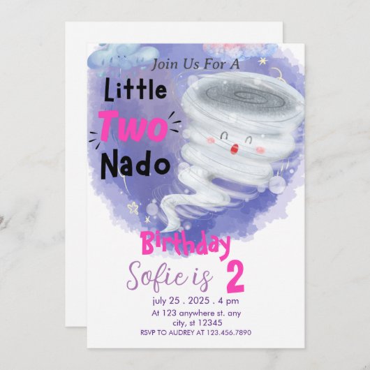 Tornado Roze Meisjes 2 Verjaardag Two-Nado Uitnodi Kaart (Voorkant / Achterkant)