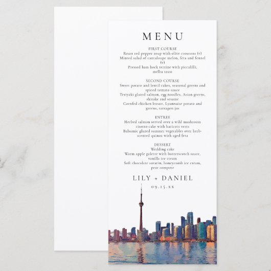 Toronto Skyline Watercolor Destination Wedding Menu (Voorkant / Achterkant)