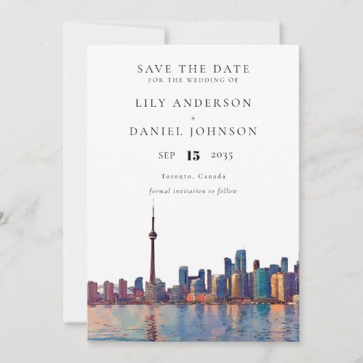 Toronto Skyline Watercolor Destination Wedding Save The Date (Voorkant)