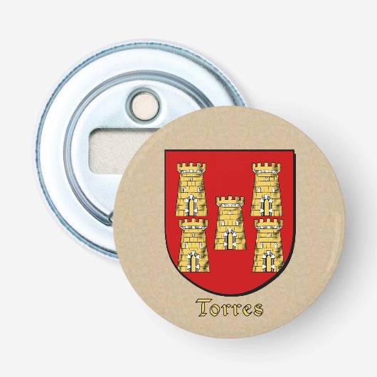 Torres Heraldic Arms op perkament stijl terug Button Flesopener (Voorkant)