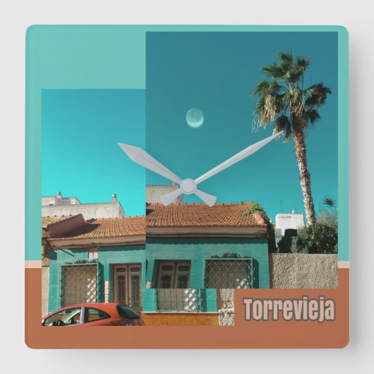 Torrevieja in het Oranje en Turqoise Vierkante Klok (Voorkant)