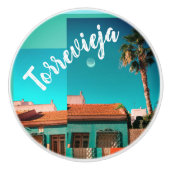 Torrevieja in Sinaasappel en turkoois, palm, maan Keramische Knop (Voorkant)
