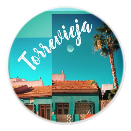Torrevieja in Sinaasappel en turkoois, palm, maan Keramische Knop (Voorkant)